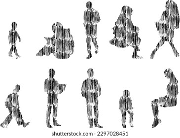 Vector illustration, Outline silhouettes of people, Contour drawing, people silhouette, Icon Set Isolated , Silhouette of sitting people, Architectural set	
