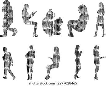 Vector illustration, Outline silhouettes of people, Contour drawing, people silhouette, Icon Set Isolated , Silhouette of sitting people, Architectural set	
