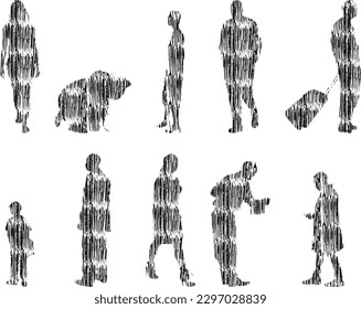 Vector illustration, Outline silhouettes of people, Contour drawing, people silhouette, Icon Set Isolated , Silhouette of sitting people, Architectural set	
