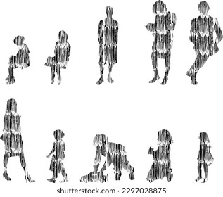 Vector illustration, Outline silhouettes of people, Contour drawing, people silhouette, Icon Set Isolated , Silhouette of sitting people, Architectural set	
