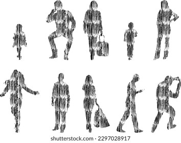 Vector illustration, Outline silhouettes of people, Contour drawing, people silhouette, Icon Set Isolated , Silhouette of sitting people, Architectural set	
