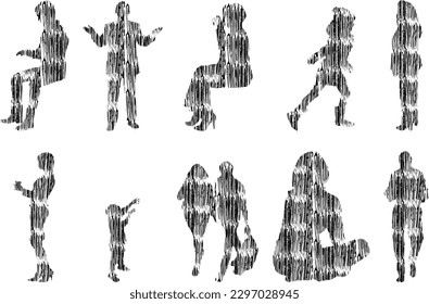 Vector illustration, Outline silhouettes of people, Contour drawing, people silhouette, Icon Set Isolated , Silhouette of sitting people, Architectural set	
