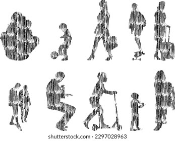 Vector illustration, Outline silhouettes of people, Contour drawing, people silhouette, Icon Set Isolated , Silhouette of sitting people, Architectural set	
