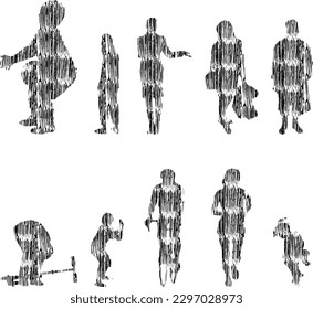 Vector illustration, Outline silhouettes of people, Contour drawing, people silhouette, Icon Set Isolated , Silhouette of sitting people, Architectural set	
