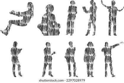 Vector illustration, Outline silhouettes of people, Contour drawing, people silhouette, Icon Set Isolated , Silhouette of sitting people, Architectural set	
