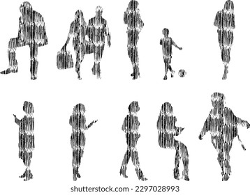 Vector illustration, Outline silhouettes of people, Contour drawing, people silhouette, Icon Set Isolated , Silhouette of sitting people, Architectural set	

