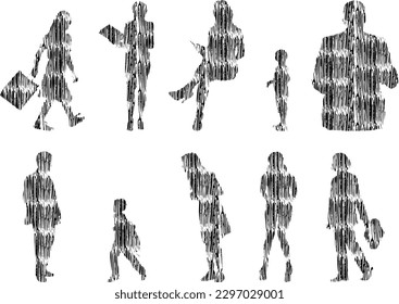 Ilustración vectorial, Siluetas de contorno de personas, Dibujo de contorno, silueta de personas, Conjunto de íconos aislados, Silueta de personas sentadas, Conjunto arquitectónico	
