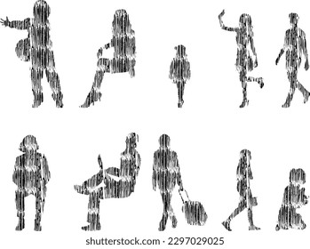 Vector illustration, Outline silhouettes of people, Contour drawing, people silhouette, Icon Set Isolated , Silhouette of sitting people, Architectural set	
