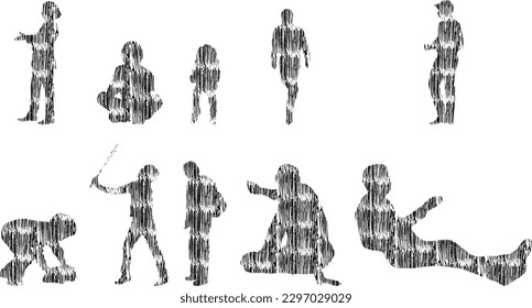 Vector illustration, Outline silhouettes of people, Contour drawing, people silhouette, Icon Set Isolated , Silhouette of sitting people, Architectural set	
