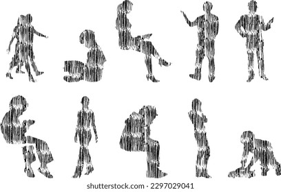 Vector illustration, Outline silhouettes of people, Contour drawing, people silhouette, Icon Set Isolated , Silhouette of sitting people, Architectural set	
