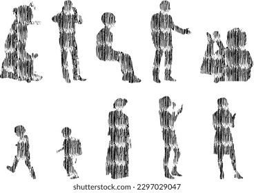 Vector illustration, Outline silhouettes of people, Contour drawing, people silhouette, Icon Set Isolated , Silhouette of sitting people, Architectural set	
