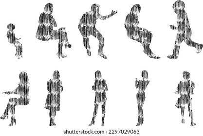 Vector illustration, Outline silhouettes of people, Contour drawing, people silhouette, Icon Set Isolated , Silhouette of sitting people, Architectural set	
