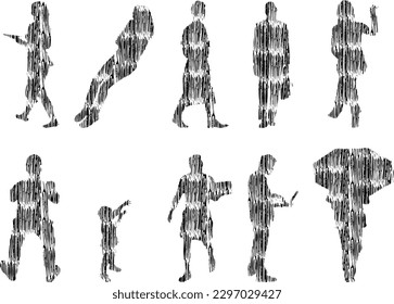Vector illustration, Outline silhouettes of people, Contour drawing, people silhouette, Icon Set Isolated , Silhouette of sitting people, Architectural set	
