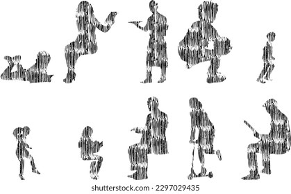 Vector illustration, Outline silhouettes of people, Contour drawing, people silhouette, Icon Set Isolated , Silhouette of sitting people, Architectural set	
