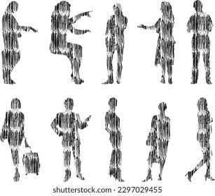 Vector illustration, Outline silhouettes of people, Contour drawing, people silhouette, Icon Set Isolated , Silhouette of sitting people, Architectural set	
