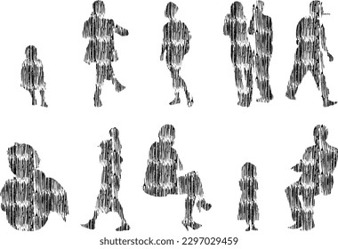 Vector illustration, Outline silhouettes of people, Contour drawing, people silhouette, Icon Set Isolated , Silhouette of sitting people, Architectural set	
