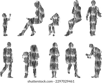 Vector illustration, Outline silhouettes of people, Contour drawing, people silhouette, Icon Set Isolated , Silhouette of sitting people, Architectural set	
