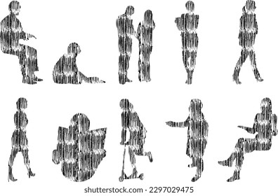 Vector illustration, Outline silhouettes of people, Contour drawing, people silhouette, Icon Set Isolated , Silhouette of sitting people, Architectural set	
