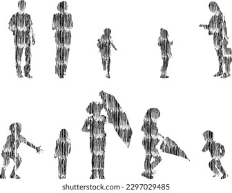 Vector illustration, Outline silhouettes of people, Contour drawing, people silhouette, Icon Set Isolated , Silhouette of sitting people, Architectural set	
