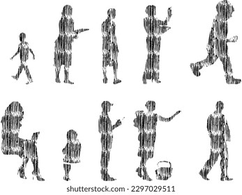 Vector illustration, Outline silhouettes of people, Contour drawing, people silhouette, Icon Set Isolated , Silhouette of sitting people, Architectural set	
