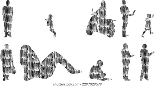Vector illustration, Outline silhouettes of people, Contour drawing, people silhouette, Icon Set Isolated , Silhouette of sitting people, Architectural set	
