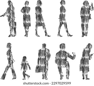 Vector illustration, Outline silhouettes of people, Contour drawing, people silhouette, Icon Set Isolated , Silhouette of sitting people, Architectural set	
