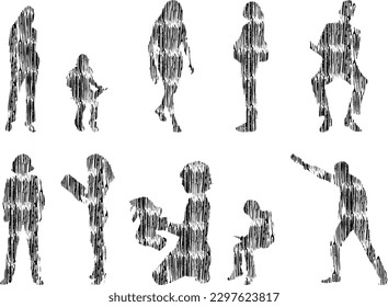 Vector illustration, Outline silhouettes of people, Contour drawing, people silhouette, Icon Set Isolated , Silhouette of sitting people, Architectural set	
