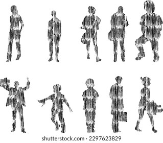 Vector illustration, Outline silhouettes of people, Contour drawing, people silhouette, Icon Set Isolated , Silhouette of sitting people, Architectural set	
