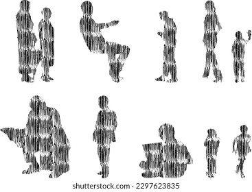 Vector illustration, Outline silhouettes of people, Contour drawing, people silhouette, Icon Set Isolated , Silhouette of sitting people, Architectural set	
