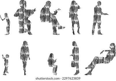 Vector illustration, Outline silhouettes of people, Contour drawing, people silhouette, Icon Set Isolated , Silhouette of sitting people, Architectural set	

