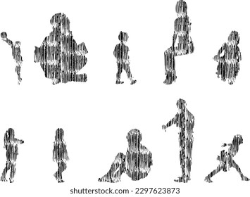 Vector illustration, Outline silhouettes of people, Contour drawing, people silhouette, Icon Set Isolated , Silhouette of sitting people, Architectural set	
