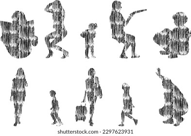 Vector illustration, Outline silhouettes of people, Contour drawing, people silhouette, Icon Set Isolated , Silhouette of sitting people, Architectural set	
