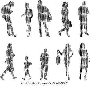 Vektorgrafik, Umrisssilhouetten von Menschen, Kontrastzeichnung, Silhouette von Menschen, Symbolsatz isoliert, Silhouette von sitzenden Menschen, Architekturset	
