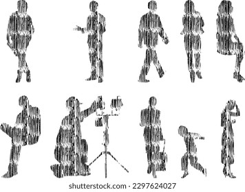 Vector illustration, Outline silhouettes of people, Contour drawing, people silhouette, Icon Set Isolated , Silhouette of sitting people, Architectural set	
