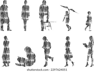 Vector illustration, Outline silhouettes of people, Contour drawing, people silhouette, Icon Set Isolated , Silhouette of sitting people, Architectural set	
