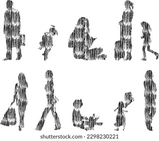 Vector illustration, Outline silhouettes of people, Contour drawing, people silhouette, Icon Set Isolated , Silhouette of sitting people, Architectural set	