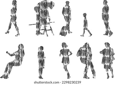 Vector illustration, Outline silhouettes of people, Contour drawing, people silhouette, Icon Set Isolated , Silhouette of sitting people, Architectural set	
