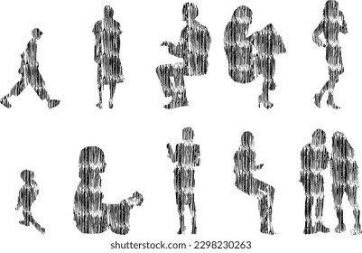 Vector illustration, Outline silhouettes of people, Contour drawing, people silhouette, Icon Set Isolated , Silhouette of sitting people, Architectural set	