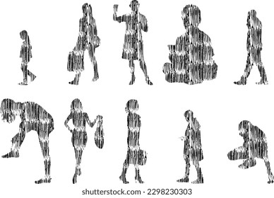 Vector illustration, Outline silhouettes of people, Contour drawing, people silhouette, Icon Set Isolated , Silhouette of sitting people, Architectural set	