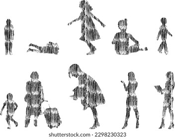 Vector illustration, Outline silhouettes of people, Contour drawing, people silhouette, Icon Set Isolated , Silhouette of sitting people, Architectural set	