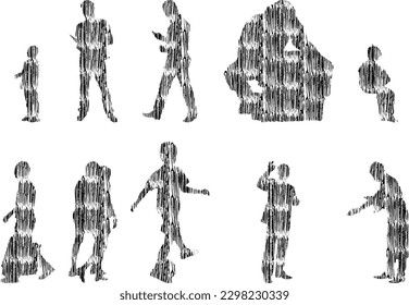 Vector illustration, Outline silhouettes of people, Contour drawing, people silhouette, Icon Set Isolated , Silhouette of sitting people, Architectural set	