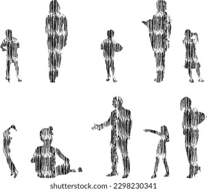 Vector illustration, Outline silhouettes of people, Contour drawing, people silhouette, Icon Set Isolated , Silhouette of sitting people, Architectural set	