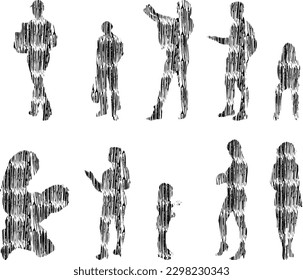 Vector illustration, Outline silhouettes of people, Contour drawing, people silhouette, Icon Set Isolated , Silhouette of sitting people, Architectural set	