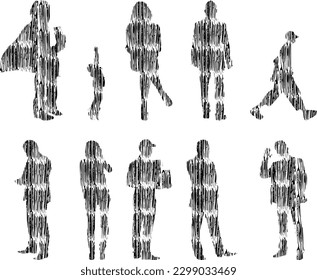 Vector illustration, Outline silhouettes of people, Contour drawing, people silhouette, Icon Set Isolated , Silhouette of sitting people, Architectural set	