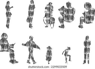 Vector illustration, Outline silhouettes of people, Contour drawing, people silhouette, Icon Set Isolated , Silhouette of sitting people, Architectural set	