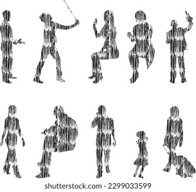 Vector illustration, Outline silhouettes of people, Contour drawing, people silhouette, Icon Set Isolated , Silhouette of sitting people, Architectural set	