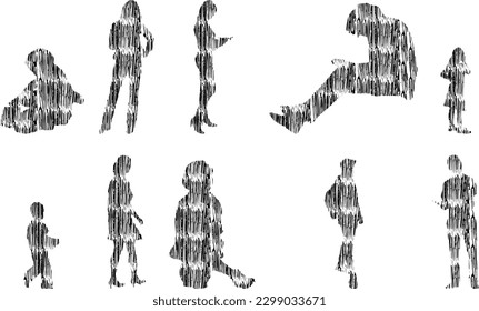 Vector illustration, Outline silhouettes of people, Contour drawing, people silhouette, Icon Set Isolated , Silhouette of sitting people, Architectural set	