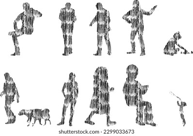 Vector illustration, Outline silhouettes of people, Contour drawing, people silhouette, Icon Set Isolated , Silhouette of sitting people, Architectural set	