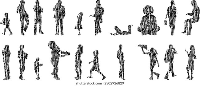 Vector illustration, Outline silhouettes of people, Contour drawing, people silhouette, Icon Set Isolated , Silhouette of sitting people, Architectural set	
