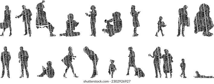 Vector illustration, Outline silhouettes of people, Contour drawing, people silhouette, Icon Set Isolated , Silhouette of sitting people, Architectural set	
